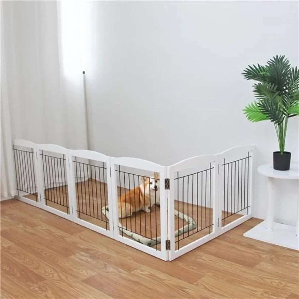 Freestanding Foldable Dog Gate for House ExtraWide Wooden Whiteindoor Puppy Gate